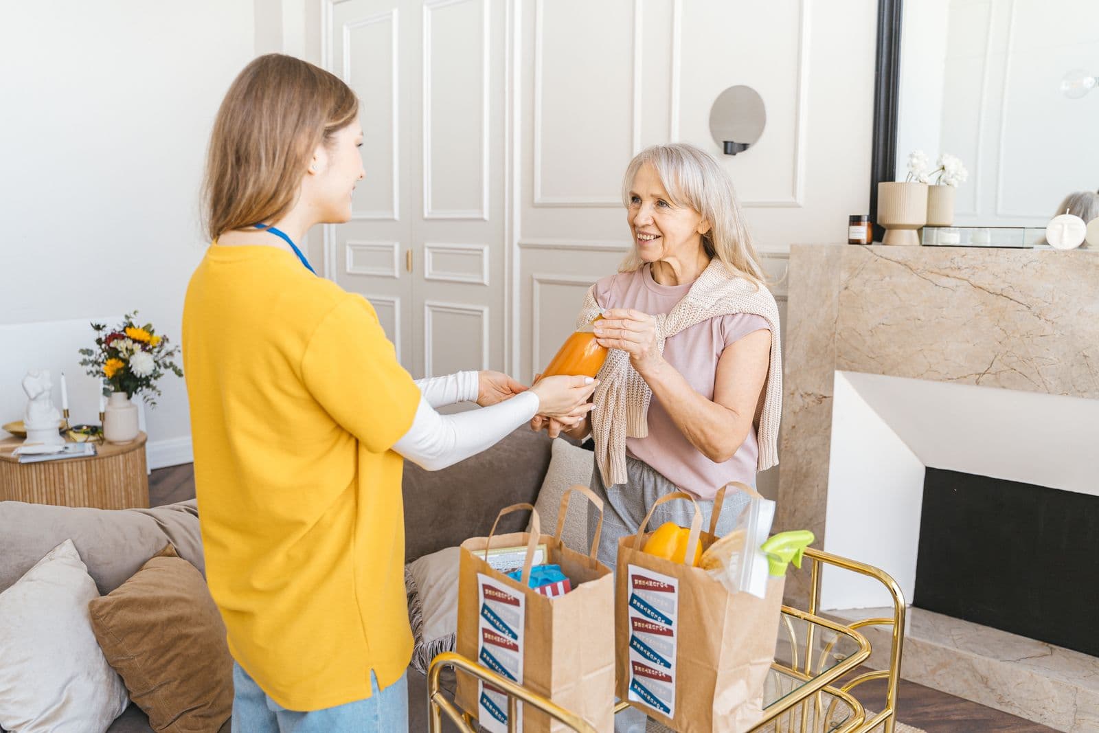 A care worker handing shopping to a smiling older woman at home.