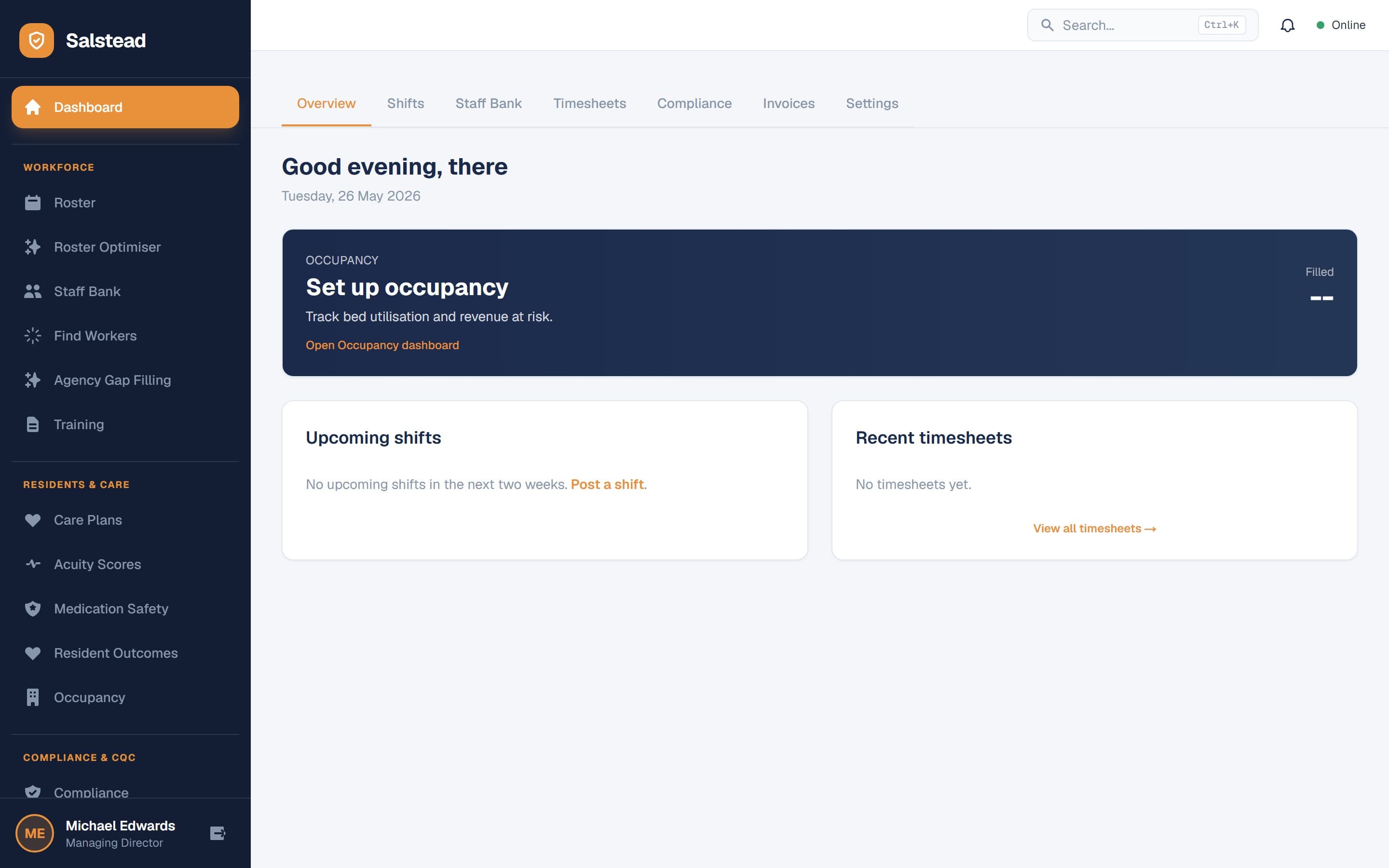 Salstead operations dashboard showing fill rate, compliance score and weekly shift trend
