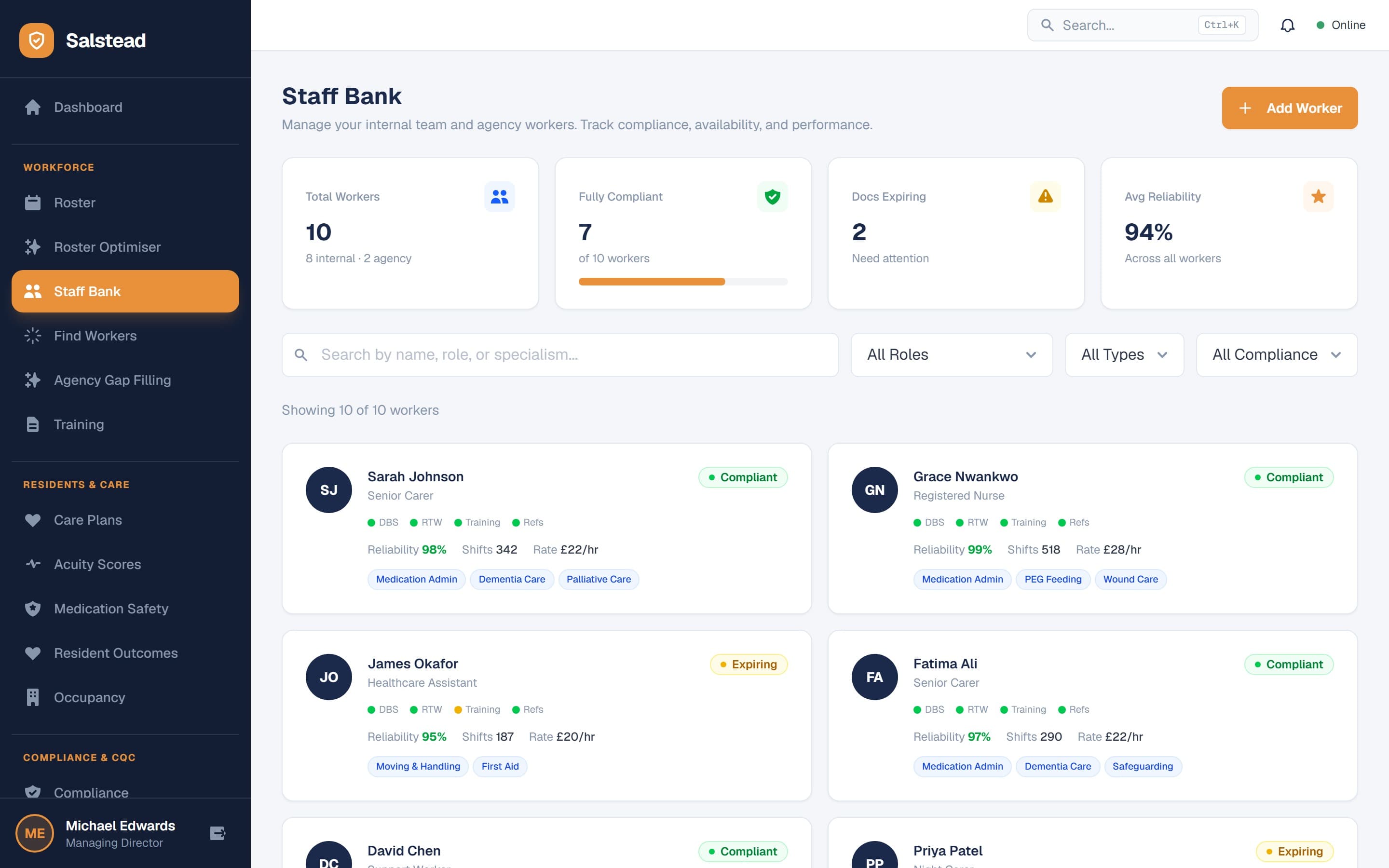 Salstead staff bank showing worker compliance status, reliability scores, shift history and specialisms