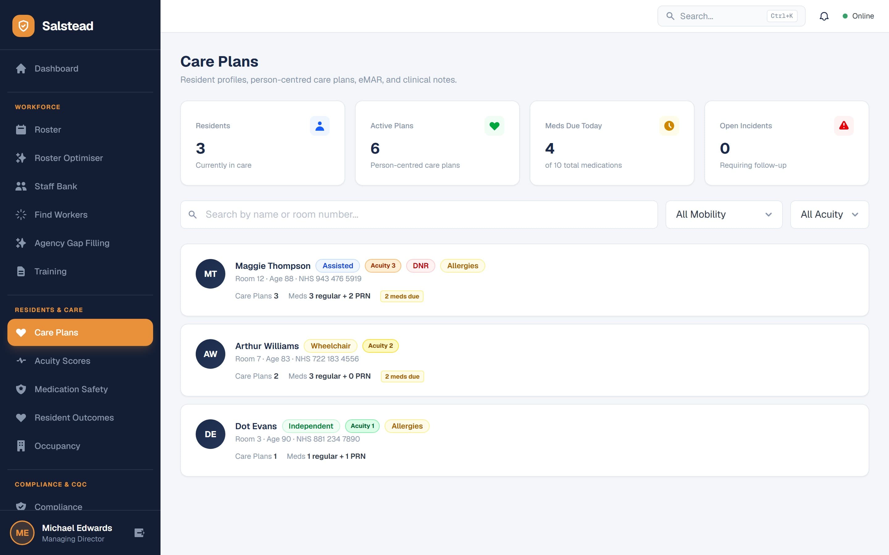 Salstead care plans showing resident profiles with acuity badges, medication tracking, and care plan counts
